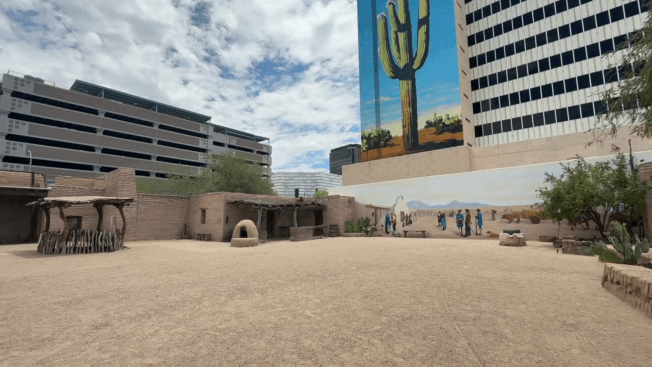 A downtown Tucson plaza and mural — a public space where the Respiro wellness event will return to host community relaxation activities.