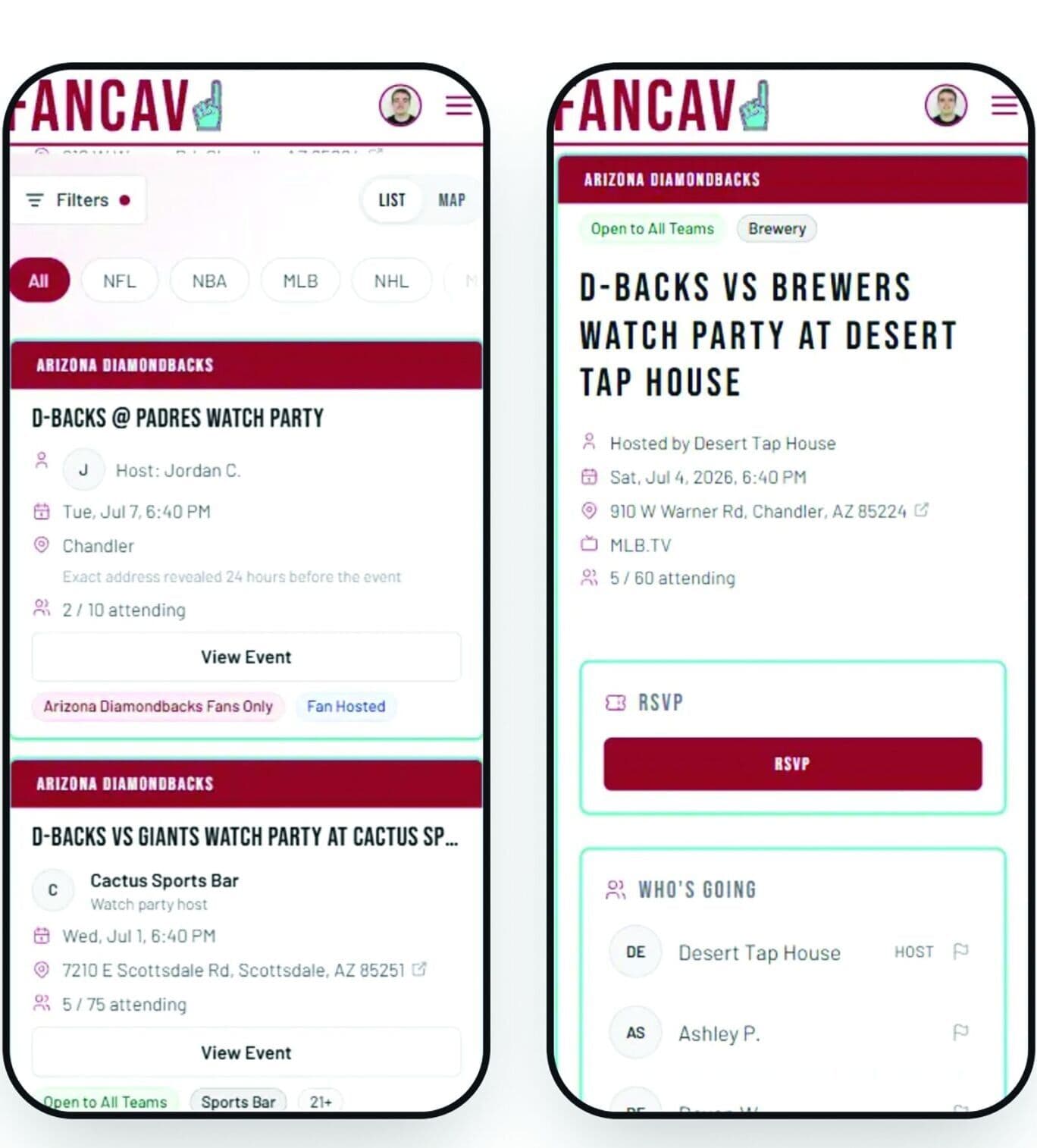 Screenshots from the fan-based app showing local Arizona Diamondbacks watch‑party listings on the startup’s mobile interface.