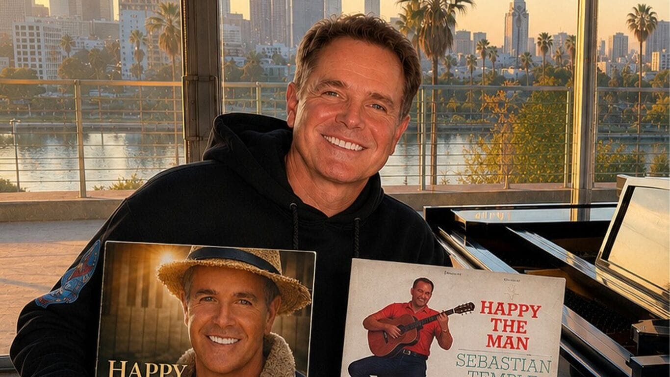 A pianist poses at a grand piano holding a vinyl and album art for 'Happy the Man,' promoting an instrumental arrangement of the Catholic hymn that reached the top of the New Age Notes chart.