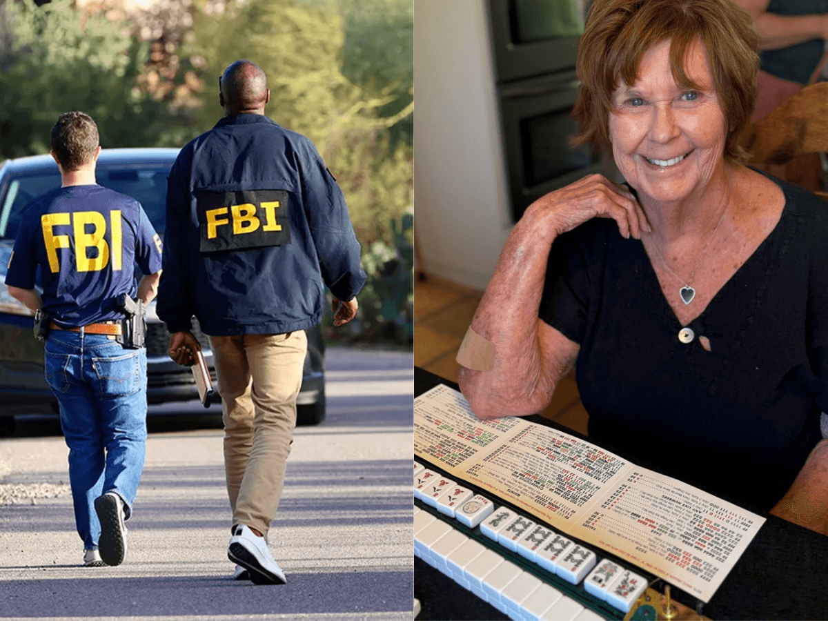 FBI agents walk through desert brush near a Tucson residence amid reported search activity (left); at right, a family portrait of the elderly woman who has been reported missing in the ongoing investigation.