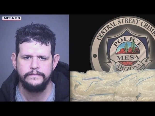 Mesa Police evidence photo showing multiple bagged packages of suspected methamphetamine displayed with the department badge and a booking photo of the suspect.