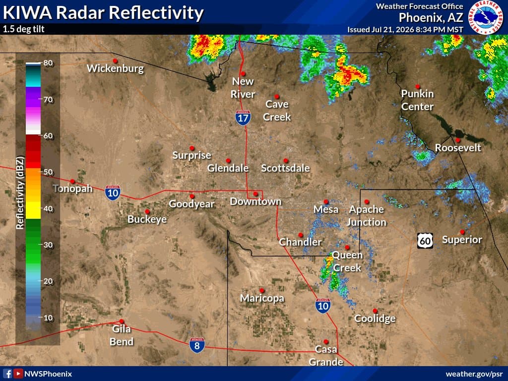 NWS KIWA radar reflectivity showing monsoon storm cells east of the Phoenix metro — including activity near Queen Creek and Globe — moving toward the Valley.