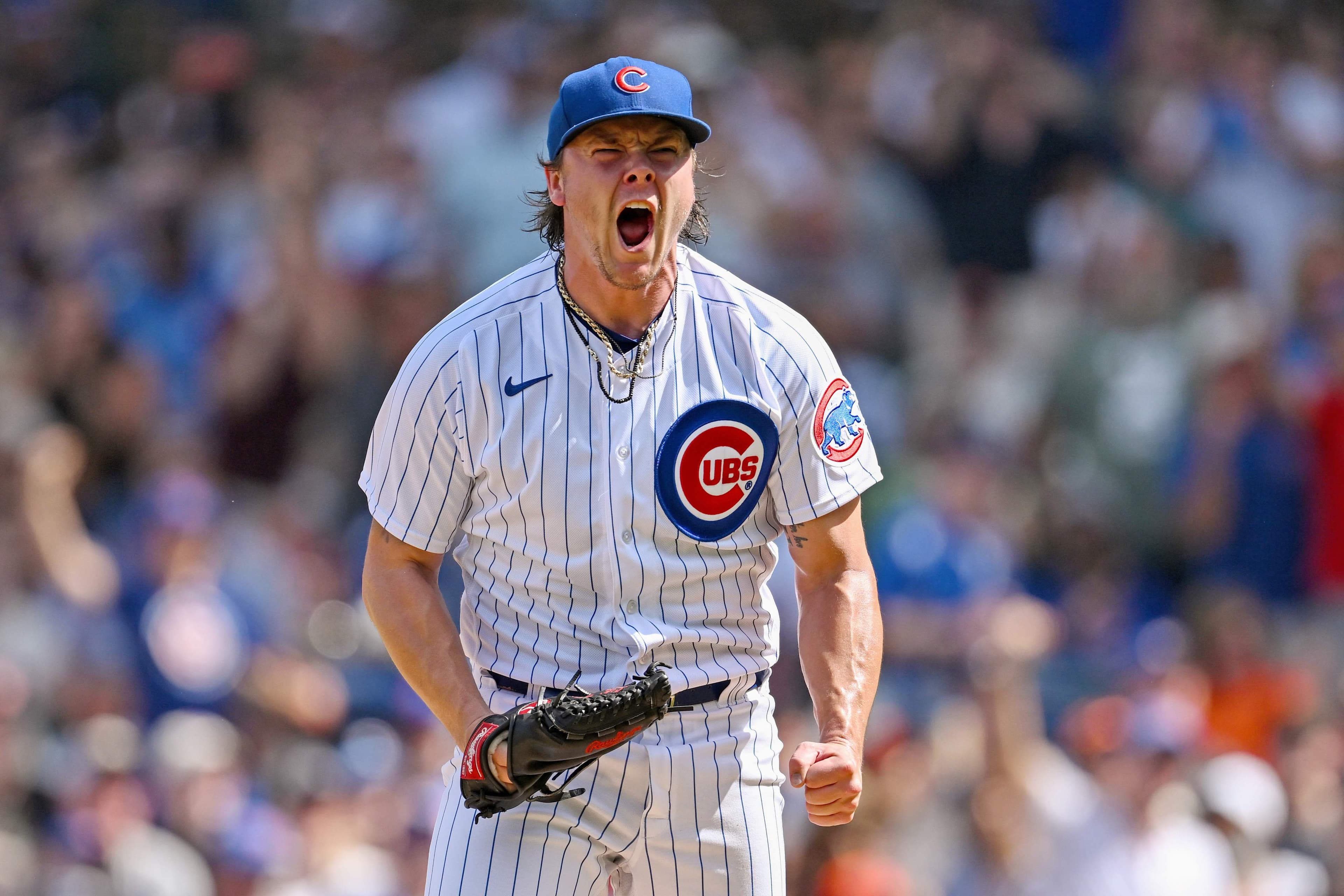Chicago Cubs left-hander erupts on the mound during a game — the player the article reports is making encouraging rehab progress and is slated to begin a throwing program ahead of the Rockies series.