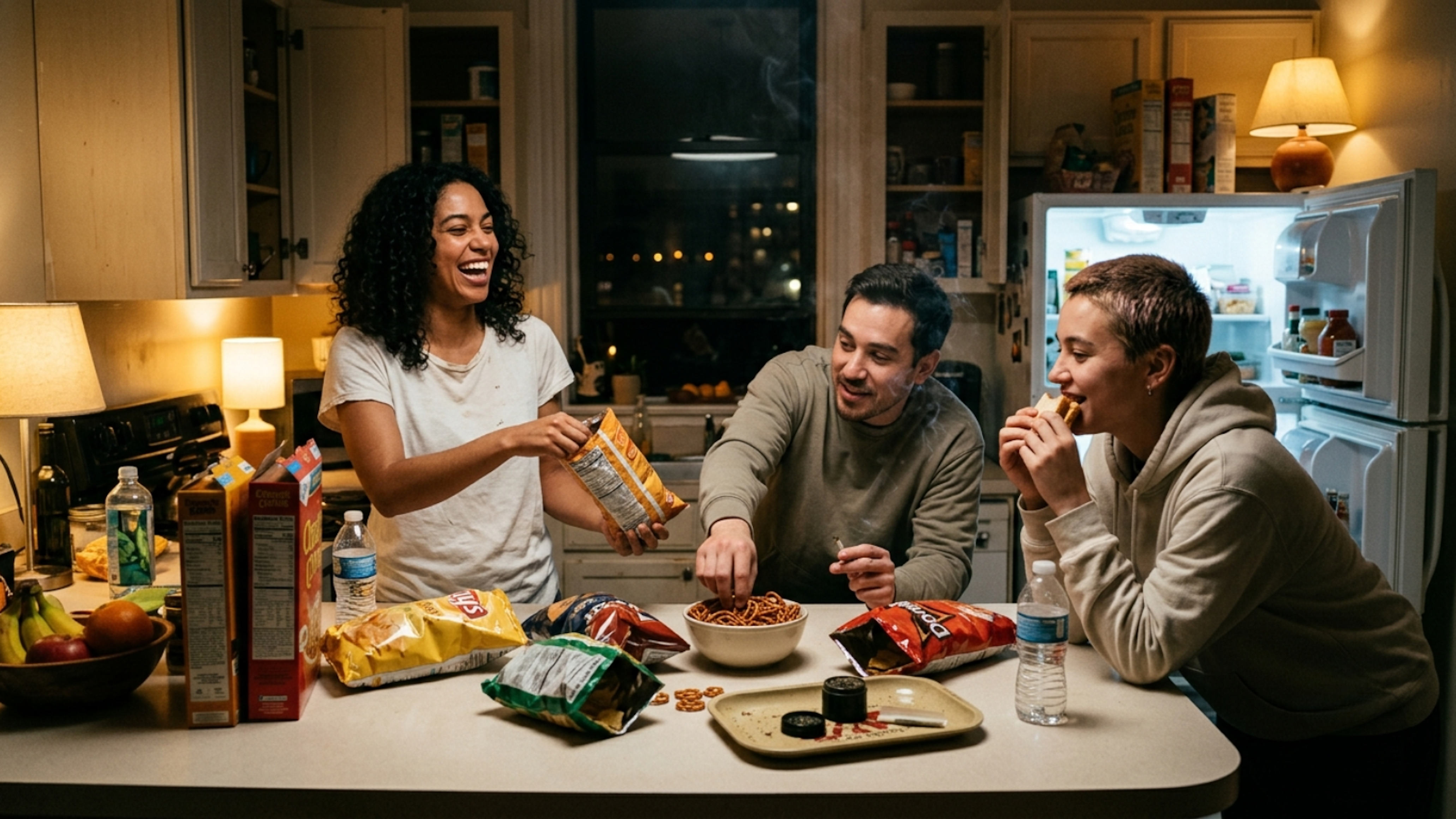 Three friends share snacks and smoke cannabis at home — a snapshot of Arizona’s growing in‑home cannabis culture amid the state’s expanding legal market.