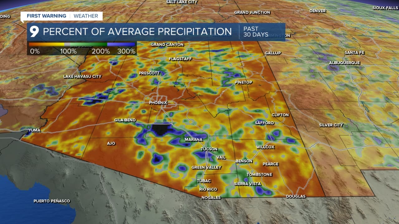 Percent-of-average precipitation map (past 30 days) for Arizona, highlighting pockets of above‑average moisture near Tucson that could boost thunderstorm chances later this week.