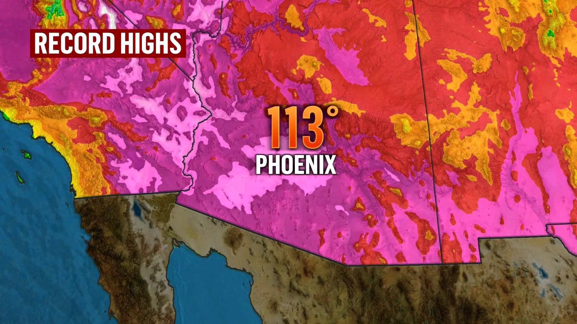 Broadcast heat map highlighting record highs across the Southwest, showing Phoenix reaching 113°F as the region endures an intense heatwave.