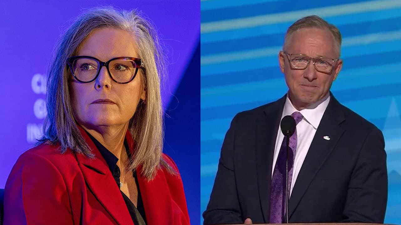 Two politicians shown side-by-side — a woman at an event (left) and a man speaking at a podium (right) — accompanying reports that a bipartisan running mate is being considered for the governor’s re-election bid.