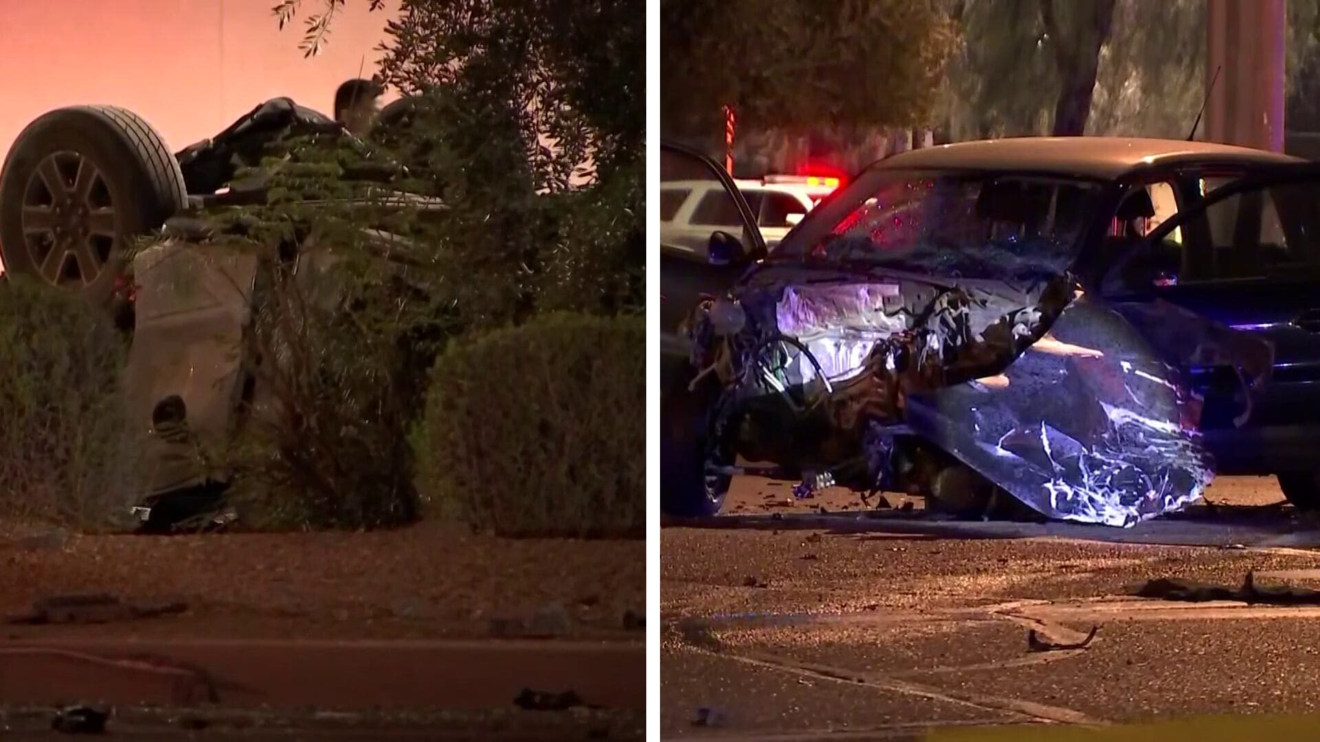 Wreckage from the crash: an overturned vehicle (left) and a heavily damaged car (right) following the collision with a tree in Phoenix, where three people were critically hurt.