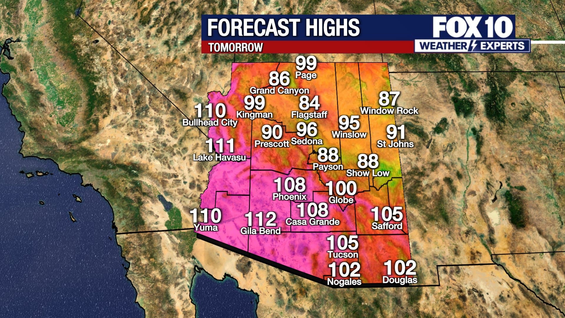 Forecast highs map from FOX10 showing triple‑digit temperatures across Arizona, with Phoenix forecast near 108°F for tomorrow ahead of the Independence Day weekend.