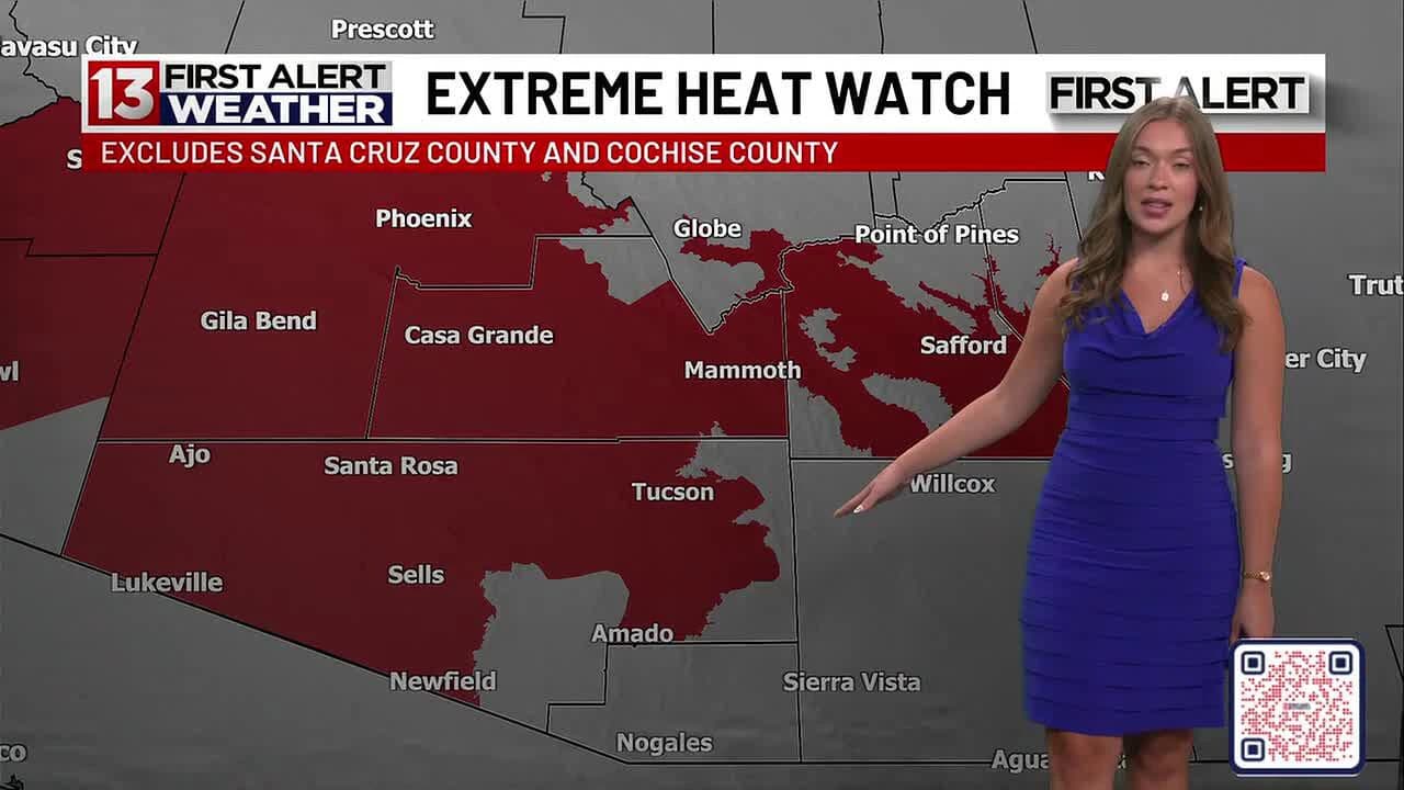 Broadcast weather map labeled 'EXTREME HEAT WATCH' showing large swaths of Arizona — including Phoenix and Tucson areas — highlighted as the state prepares for dangerously high temperatures.