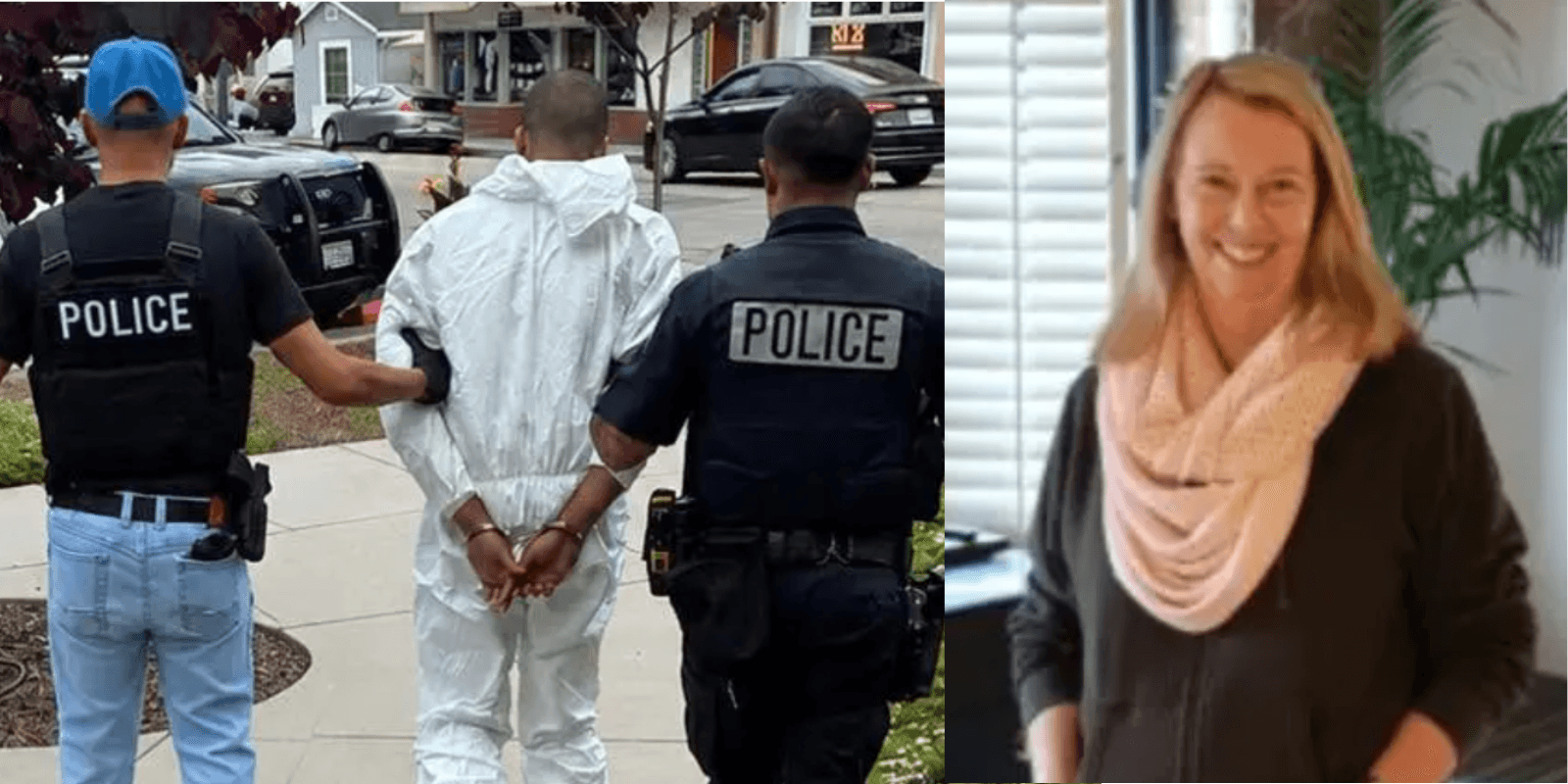 Police escort a handcuffed man in a white suit following the Tucson shooting; authorities took a suspect into custody as investigators probed the incident that injured nine.