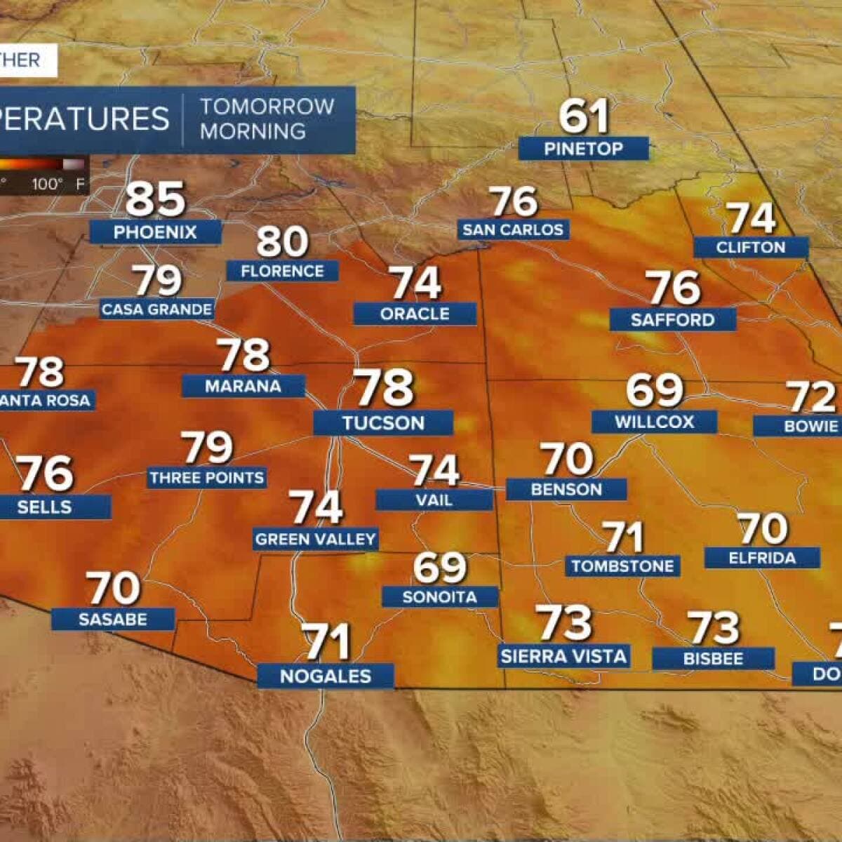 Morning temperature map across Southern Arizona showing Tucson at 78°F and Phoenix at 85°F — heat building ahead of an Extreme Heat Warning.