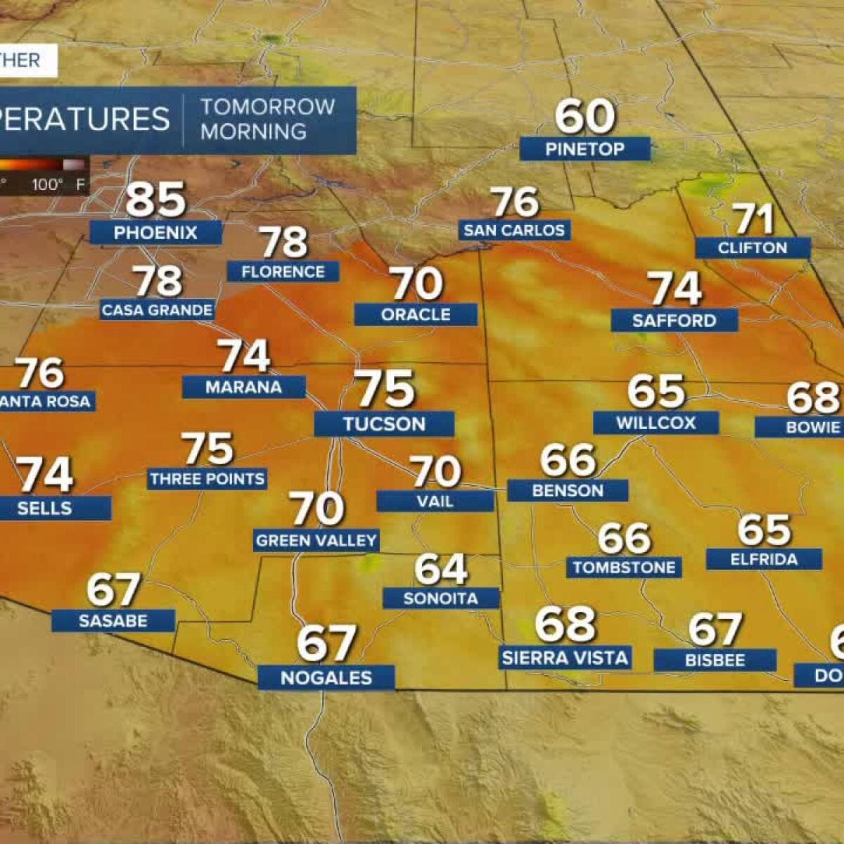 Forecast low temperatures for tomorrow morning from KGUN9, showing cooler, below-average readings across southern Arizona — Tucson near 75°F with higher elevations in the 60s.