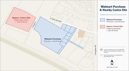 Map showing the Walmart purchase (shaded blue) of roughly 33.23 acres at Houghton Town Center and the nearby planned Costco site (shaded red) near E. Old Vail Road in southeast Tucson.
