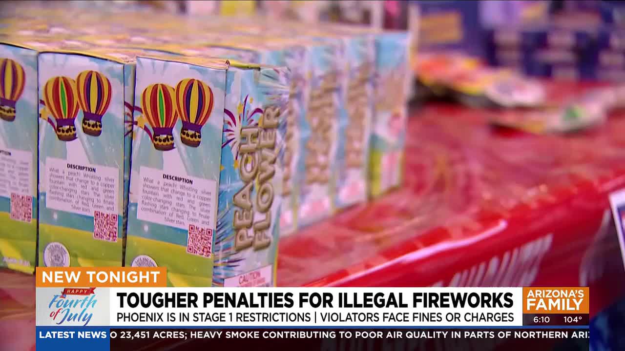 Packaged consumer fireworks on display as Phoenix announces tougher penalties for illegal fireworks amid Stage 1 restrictions; violators face fines or charges, the news chyron reads.