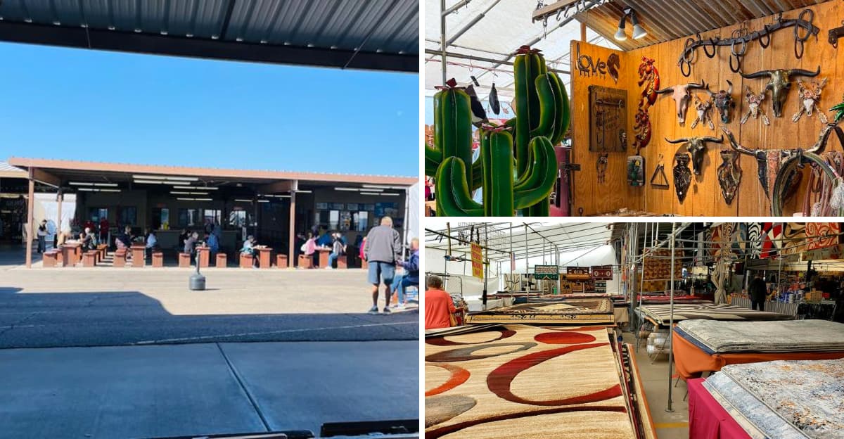 Vendor aisles and stalls at a busy outdoor Arizona swap‑meet, offering rugs, Southwestern decor and other finds for bargain hunters.