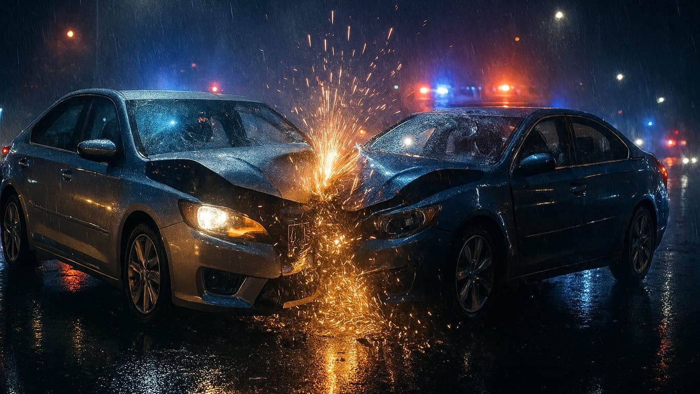 Two cars collide at a rain‑slicked intersection with police lights flashing — a visual example of the severe crashes highlighted among Phoenix’s most dangerous intersections.