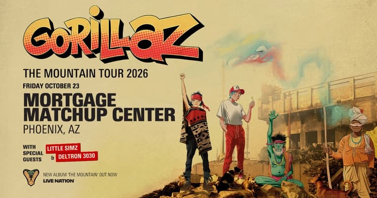 Gorillaz promotional banner for 'The Mountain Tour 2026' advertising the Oct. 23 Phoenix show at Mortgage Matchup Center, noting special guests Little Simz and Deltron 3030.