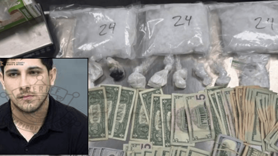Bagged narcotics, smaller packets and stacks of cash seized during the Mesa traffic stop, shown with an inset booking photo of the arrested suspect.