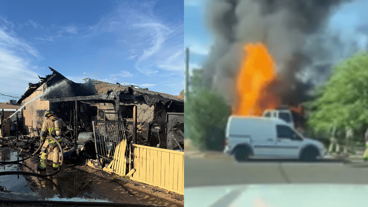 Firefighters at a heavily damaged single‑story Scottsdale home after a first‑alarm blaze; authorities say two dogs were found dead inside.