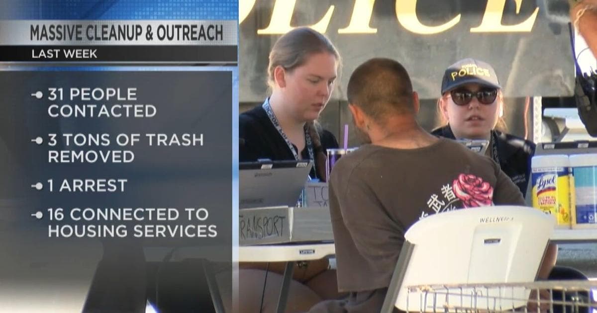 Outreach station where police and outreach workers speak with a participant; on-screen graphic notes the cleanup contacted 31 people and removed 3 tons of trash while connecting dozens to housing services.