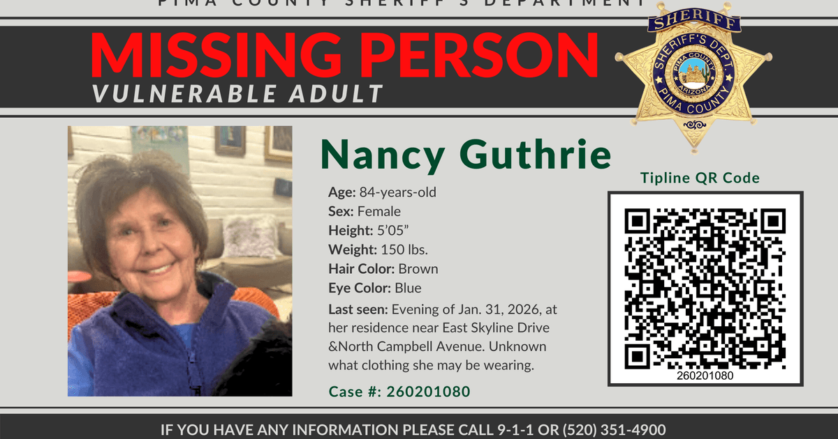 An official missing-person poster from local authorities, showing a photo, case details and a tipline QR code for the vulnerable adult at the center of the investigation into fake ransom notes.