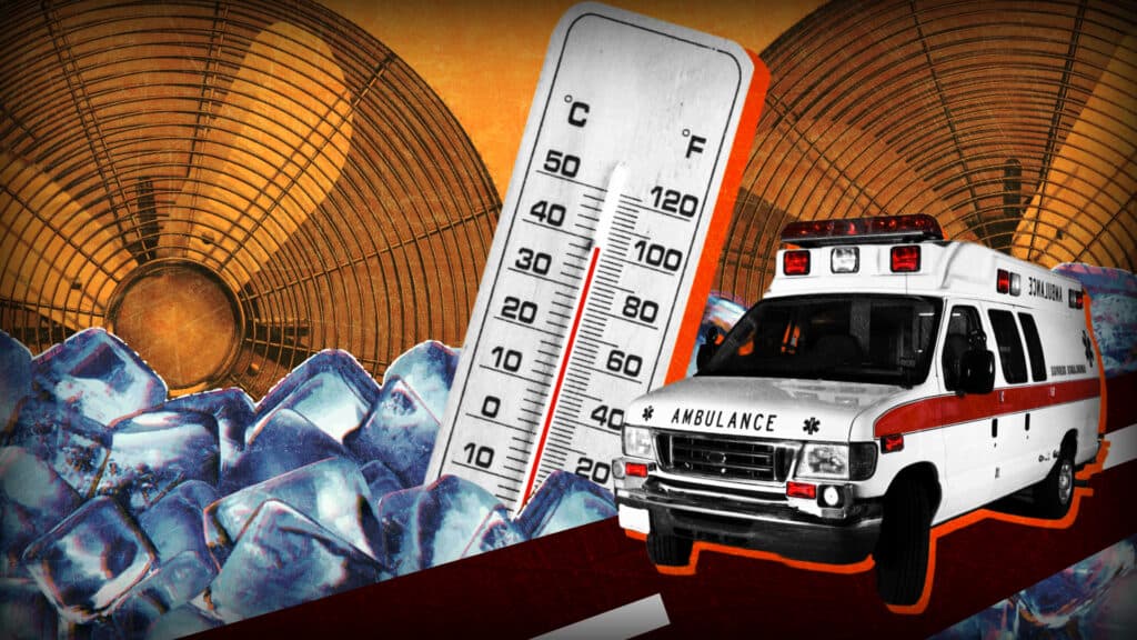 Shows: Illustration of a thermometer, ambulance and cooling fans representing rising heat-related illnesses and increased emergency responses as extreme Arizona temperatures strain health services.