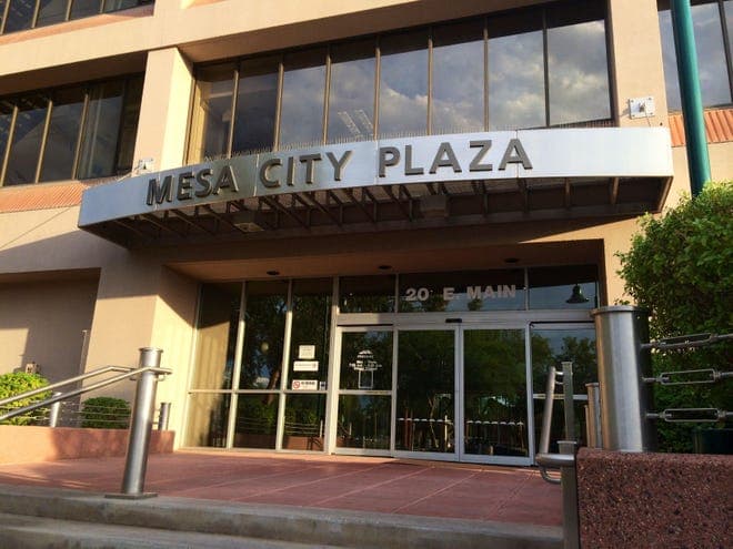 Entrance to Mesa City Plaza, a municipal building in Mesa and part of the civic landscape tied to the city council races ahead of the July primary.