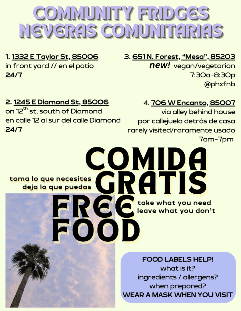 Flyer for Phoenix community fridges listing addresses, hours and guidance — a local resource offering 'Comida Gratis / Free Food' to residents.