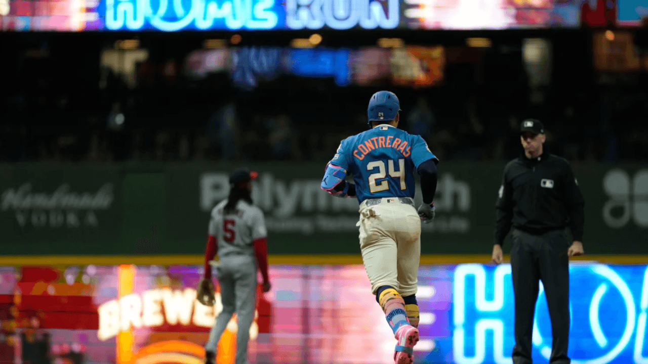 A Brewers player rounds the bases at Chase Field as Milwaukee threatened late in the game during the Phoenix series.