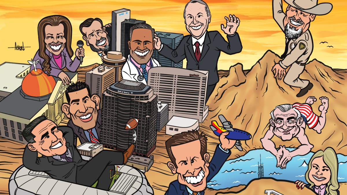 Caricature illustration of multiple statewide contenders arrayed over a stylized Phoenix skyline, used to accompany a roundup of Arizona’s most contested 2026 primary races.