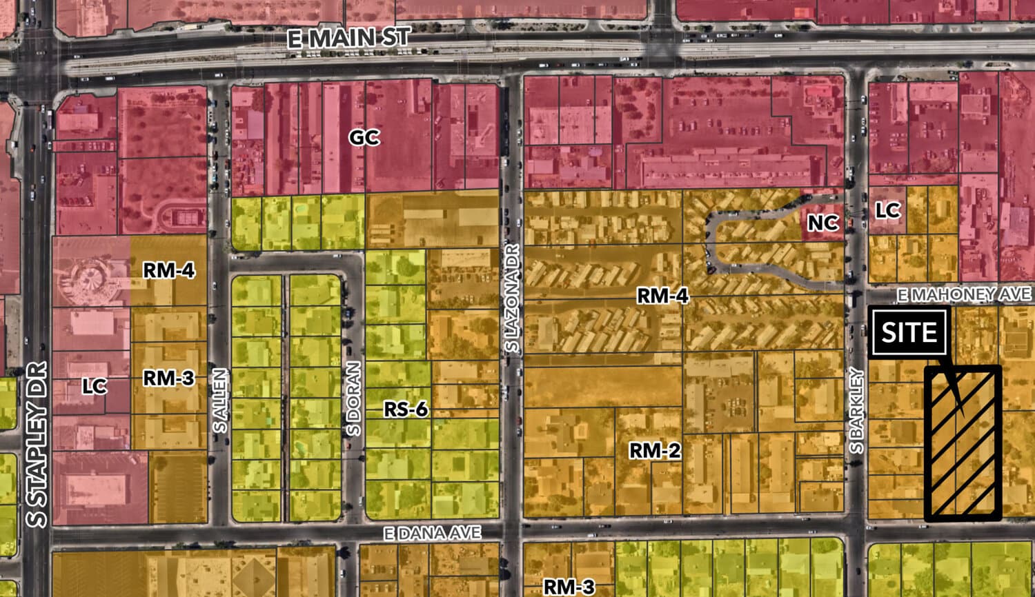 Zoning and site map with the hatched parcel labeled 'SITE' at S. Barkley and E. Mahoney, indicating the location and surrounding zoning where the 7‑unit apartment building is proposed to expand.