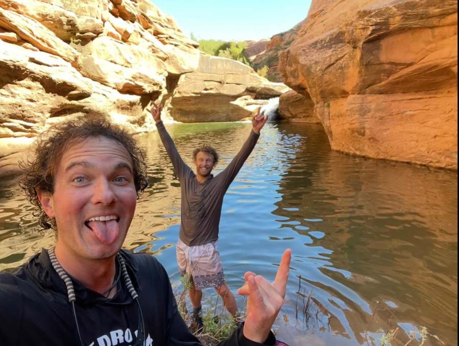 Two friends celebrate at a canyon swimming hole in Utah; fellow outdoor enthusiasts remember the late adventurer for his playful spirit and impact on the climbing community.