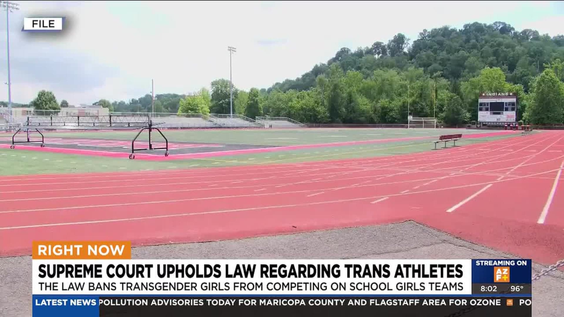 Empty high school track and field used in reporting on the Supreme Court decision upholding laws that bar transgender girls from competing on school girls’ teams.