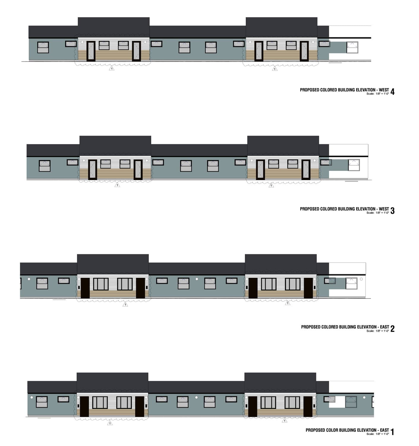 Proposed colored building elevations for the Mesa apartment project, showing the planned facades, entrances and exterior treatments for the 7‑unit building as it would appear after expansion.