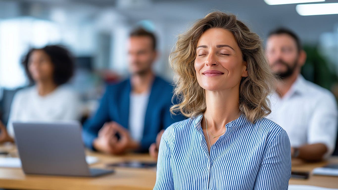 Coworking members take a guided mindfulness break in a wellness-focused workspace — the kind of amenity helping Phoenix and Tucson place in the national Top 10 for wellness-oriented coworking.