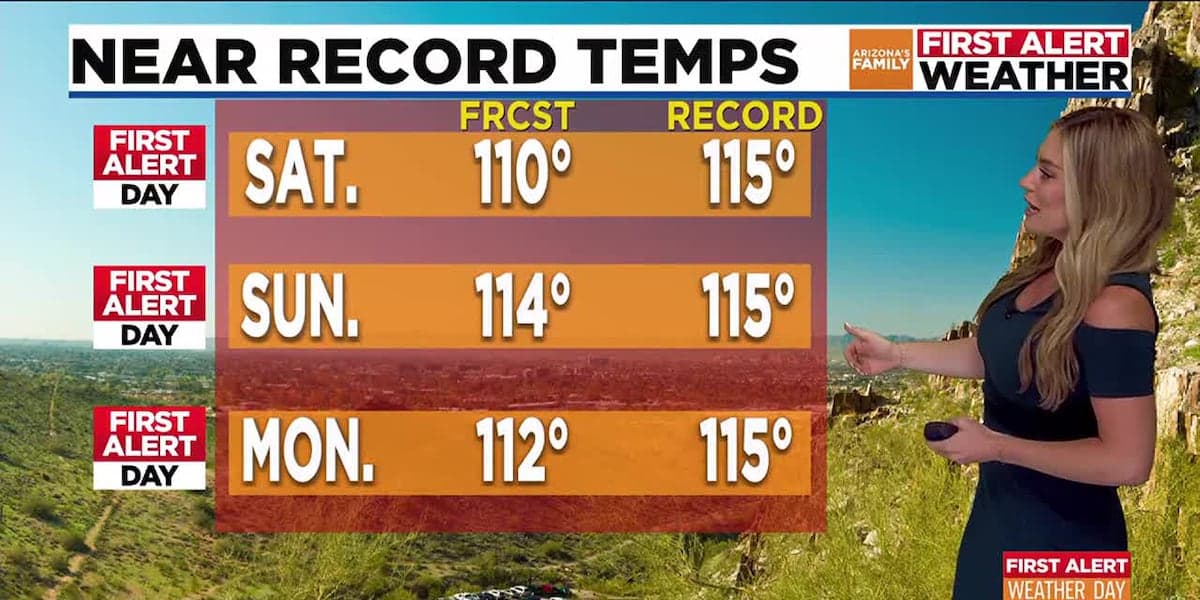 Broadcast graphic showing near‑record forecast highs for the weekend and start of next week — Saturday 110°, Sunday 114°, Monday 112° — highlighting First Alert days for the Phoenix area.