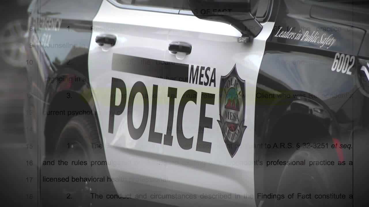 Mesa Police vehicle shown to illustrate a report on a Mesa officer's lawsuit alleging grooming and misconduct by a counselor during PTSD treatment.