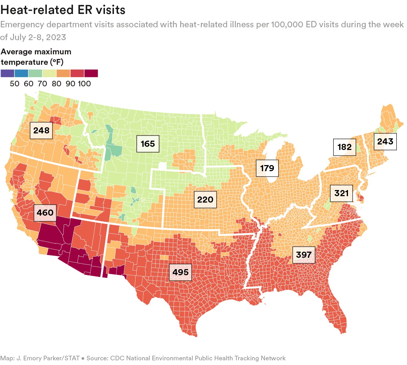 Shows: U.S. map of heat-related emergency-department visits per 100,000 people for the week of July 2–8, 2023, showing the Southwest — including Arizona — with the highest rates and illustrating the public‑health toll of extreme heat.
