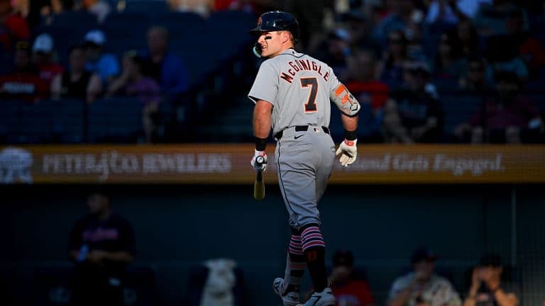 Detroit Tigers No. 7 walks away after striking out during the first inning at Progressive Field on June 12, 2026 — a visual of a recent prospect who has graduated to the MLB in Just Baseball’s midseason Top 100 update.