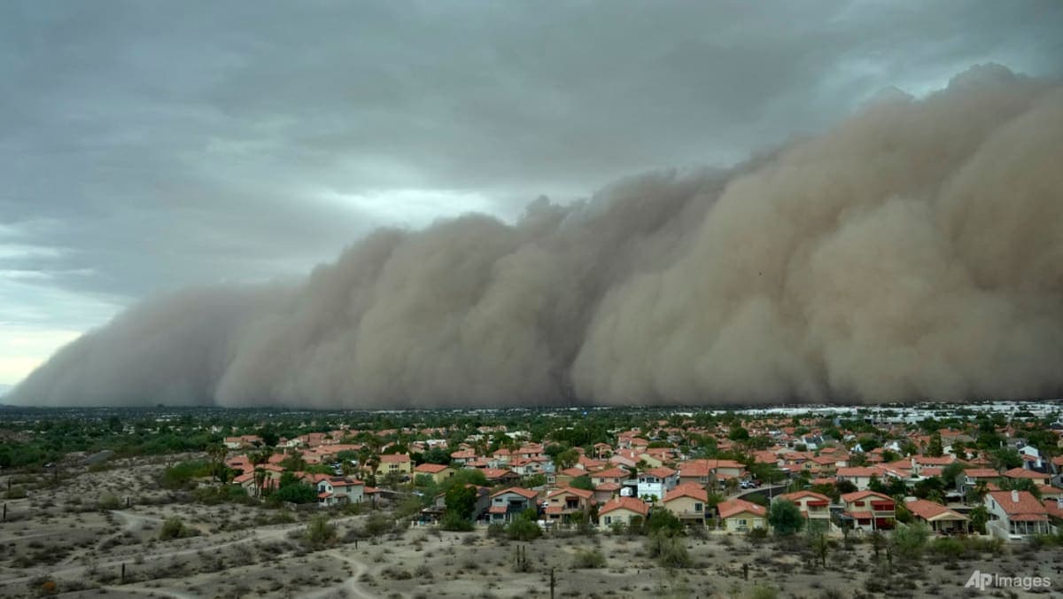 A towering haboob advances over Phoenix-area suburbs, a dramatic dust wall illustrating the extremes the new 1-to-5 Arizona haboob scale aims to categorize.