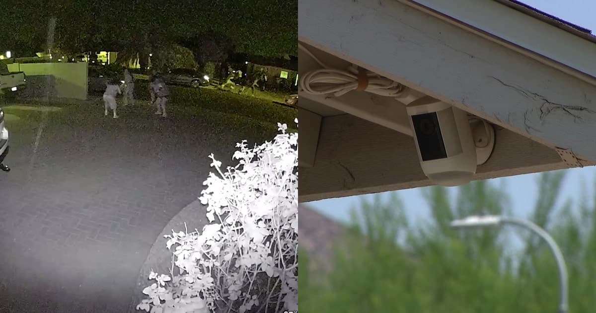Night-vision security camera still showing people in a driveway outside the Phoenix home where police say a house-party shooting occurred; at right, the exterior surveillance camera investigators reviewed.