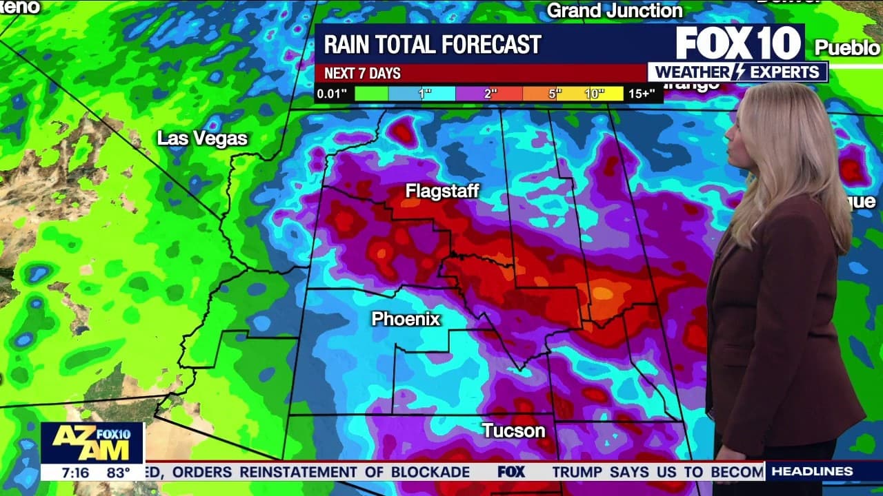 Seven‑day rain total forecast from FOX10 displaying heavy precipitation (purples/reds) across central and northern Arizona, indicating areas likely to see the most significant rainfall.