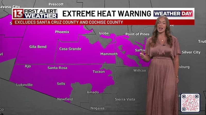 Broadcast map highlighting an Extreme Heat Warning across much of southern Arizona — graphic explicitly excludes Santa Cruz and Cochise counties, matching the article’s warning in effect Tuesday 10 a.m. through Wednesday 8 p.m.