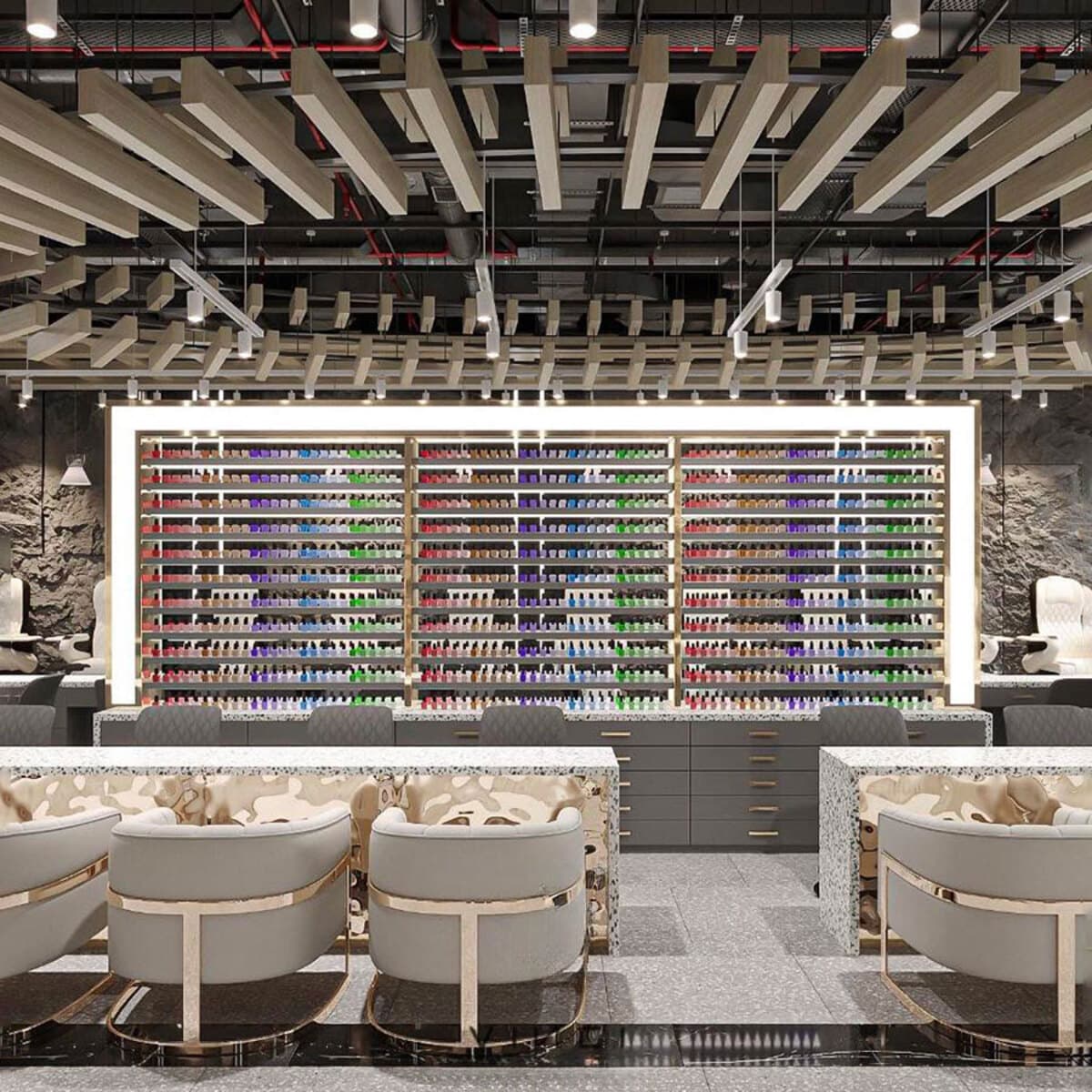 Interior rendering of a nail salon showing manicure stations and a wall of nail polish — representative of the style envisioned for the planned Zara Nail Bar at Destination at Gateway in Mesa.