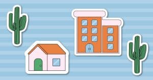 Graphic of neighborhood homes and saguaro cacti representing Phoenix neighborhoods, used to illustrate Rent Check PHX’s roundup of upcoming community events.