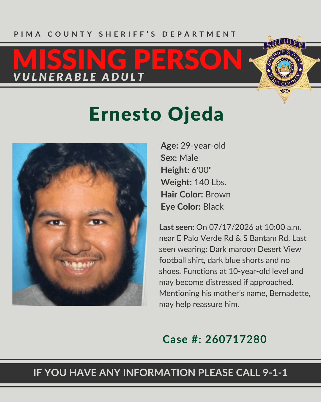 Pima County Sheriff's Department missing-person flyer showing the photo and case details for the Tucson man reported missing.