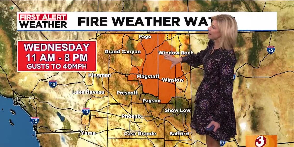 Weather map highlighting a Fire Weather Watch (Wednesday 11 AM–8 PM) across parts of Arizona, illustrating elevated fire and wind risk during the extreme heat period.