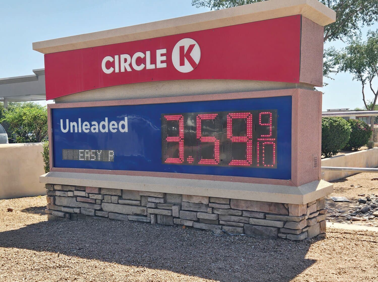 Circle K price sign in Arizona showing $3.59 per gallon for unleaded, illustrating local pump prices as Arizona averages slide.
