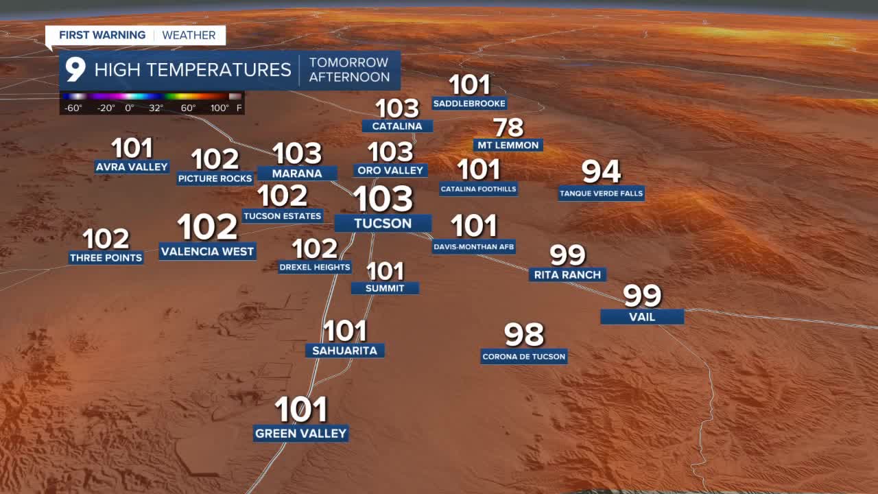 Forecast map showing expected high temperatures across the Tucson area tomorrow afternoon — widespread triple‑digit heat (around 100–103°F) expected through the Fourth‑of‑July weekend before the monsoon returns midweek.